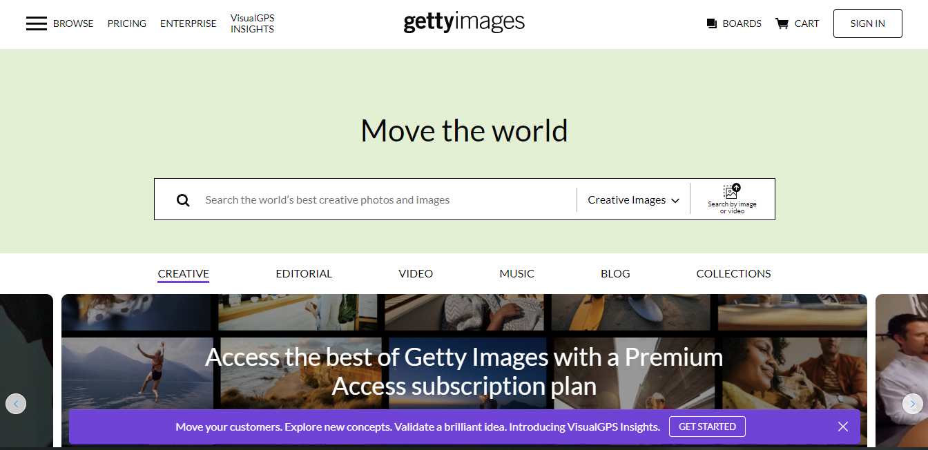 Getty Images Home Page for Selling Photos Online